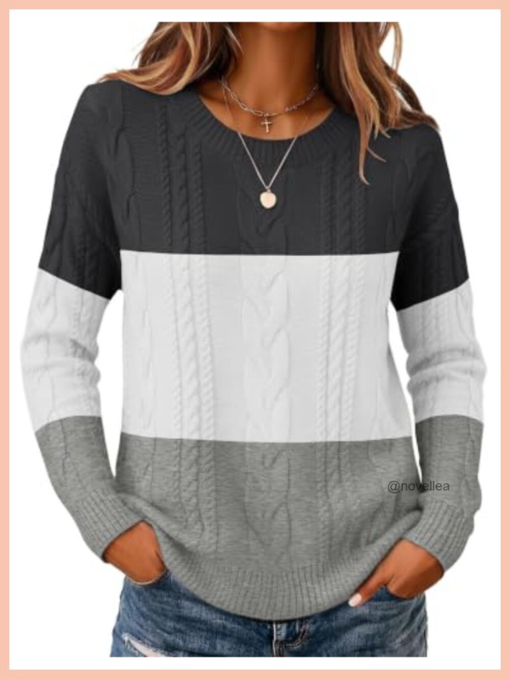 Cable Knit Sweater Loose Fit Chunky Pullover Crew Neck